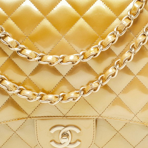 CHANEL Gold Quilted Patent Leather Maxi Classic Single Flap Bag - Picture 5 of 8